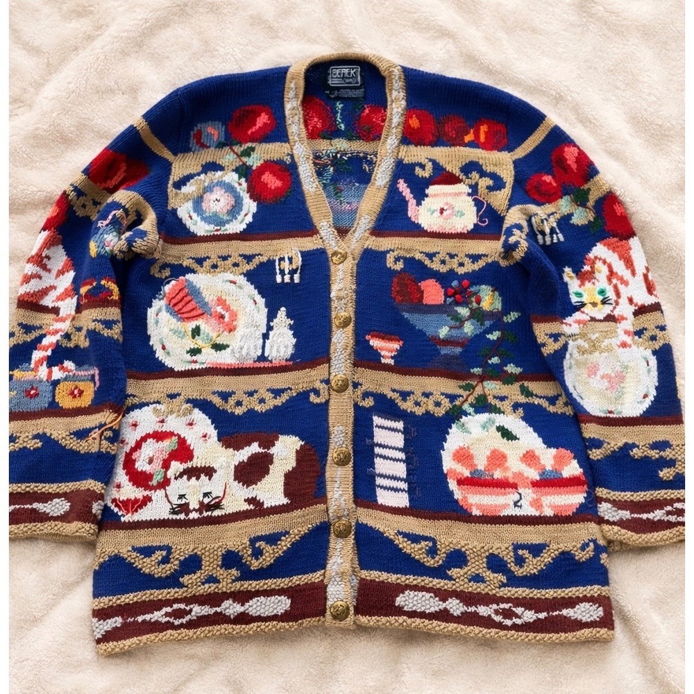 Vintage 90s Berek Marta D Grandma's China Pantry Cats Novelty Cardigan Sweater M